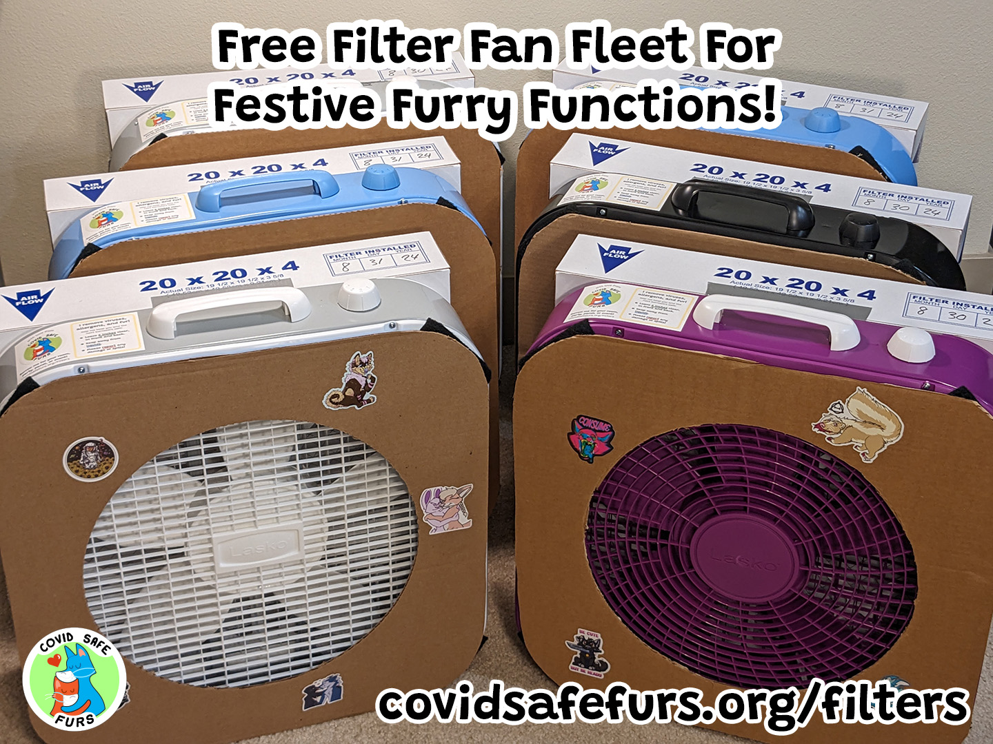 The Free Filter Fan Fleet For Festive Furry Functions is made up of six portable air filter units.