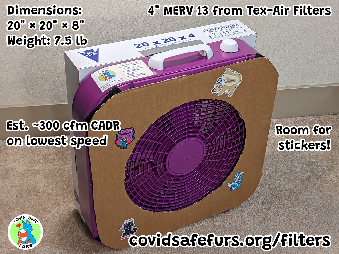 Our air filters measure 20″×20″×8″ and weigh 7.5 pounds. They use 4″ MERV 13 filters from Tex-Air Filters. They have an estimated CADR of 300 cfm per unit on the lowest speed. And they have room for your stickers!